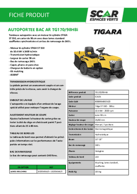 Herbes et entretien - Tondeuse autoportée essence - Tondeuse autoportée à éjection arrière TG 170/98 HBI